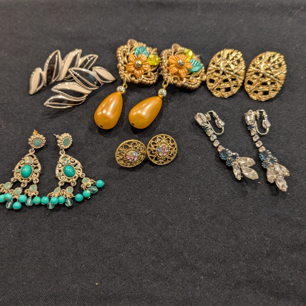 Lot Of 6 Elegant Gold and Blue Earrings with Intricate Design